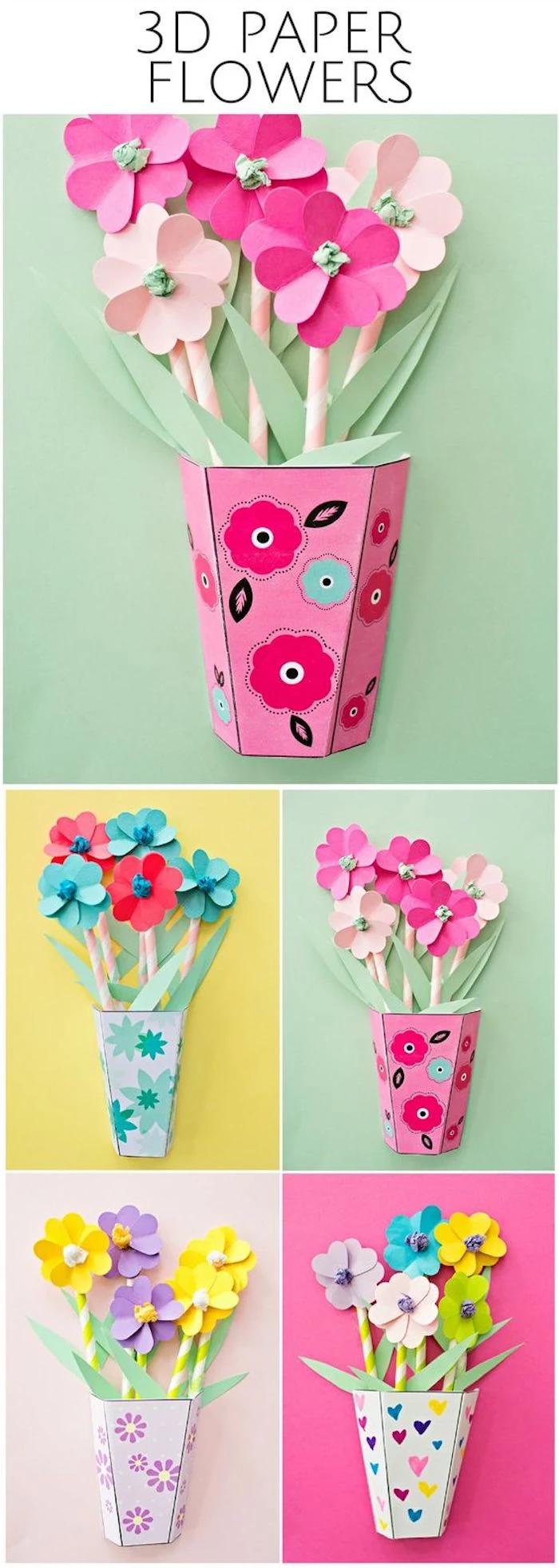 easy crafts for toddlers, 3d paper flowers, colourful paper pots, photo collage