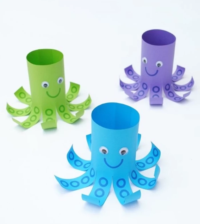 cute octopuses, made of toilet paper rolls, easy crafts for toddlers, tentacles and eyes