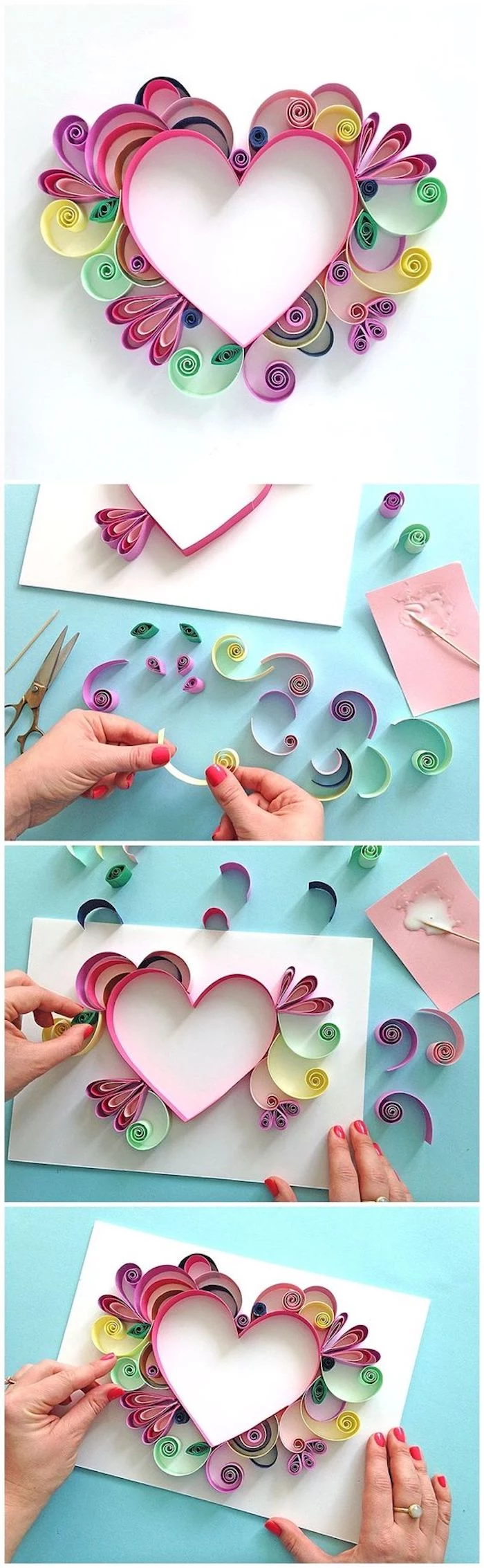 paper quilling, colourful heart, made of paper, easy crafts for toddlers, step by step, diy tutorial