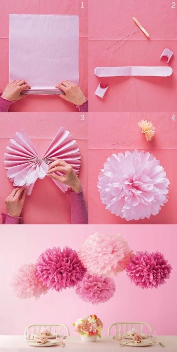 large pink flowers, made of pleated paper, easy crafts for toddlers, step by step tutorial