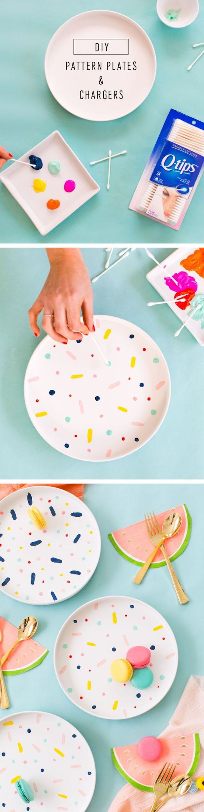 diy pattern plates, crafts to do when bored, yellow and blue, red and orange paint