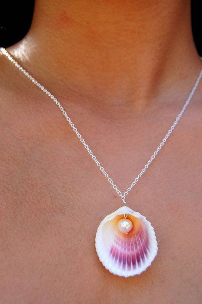 white pearl, inside a seashell, silver necklace, on a female neck, crafts to do when bored