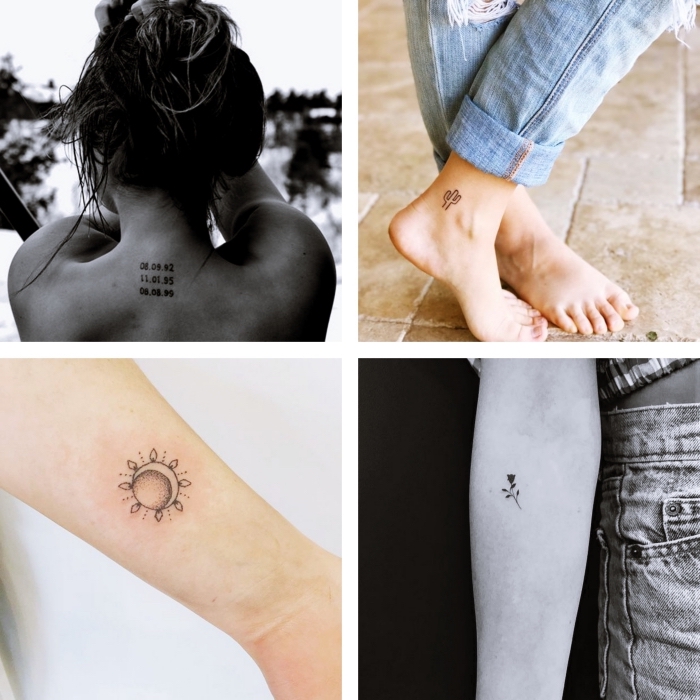 minimalistic tattoos, photo collage, side by side photos, ankle back and forearm tattoos