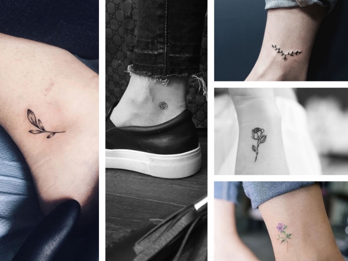 photo collage, different tattoos, on the ankles, discreet tattoo, side by side photos