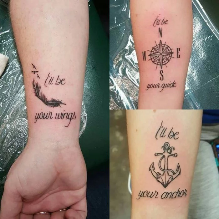 side by side photos, feather compass and anchor, forearm tattoos, small matching tattoos