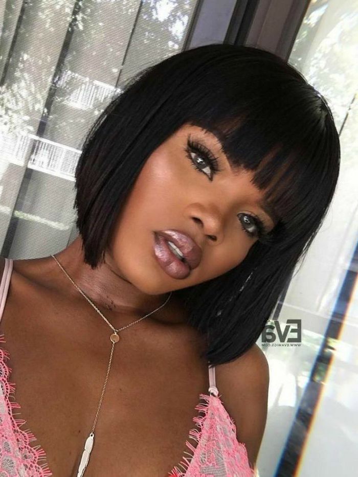 short natural haircuts for black women, black hair with bangs, pink lacey top