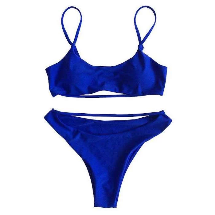 blue two piece, big girl bathing suits, white background, high waisted bottom
