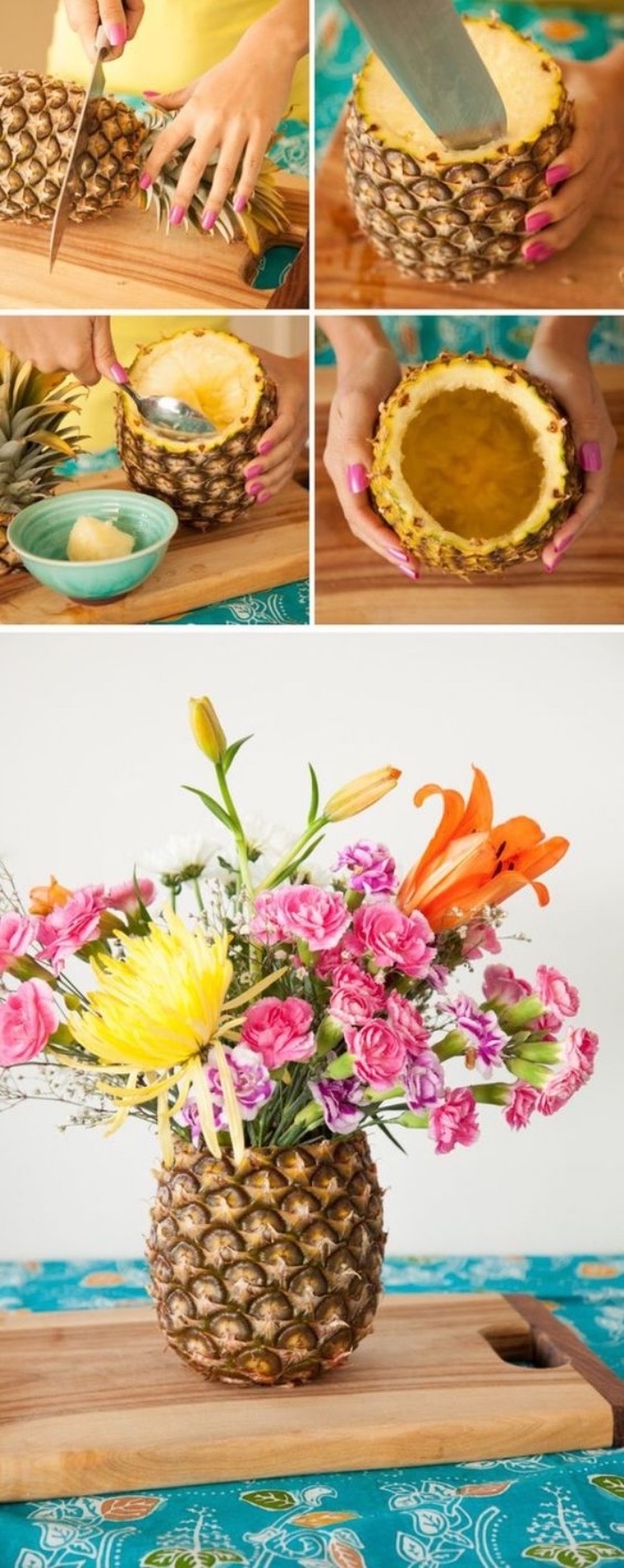 emptied pineapple, used as a vase, crafts to do when bored, colourful flower bouquet