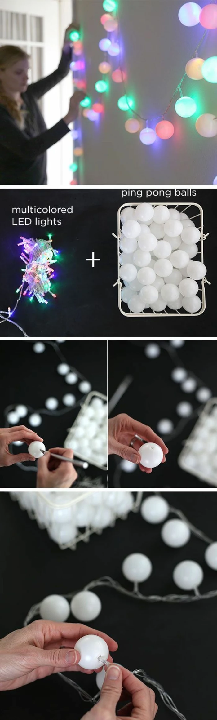 ping pong balls, fairy lights, fun diy projects, diy tutorial, step by step