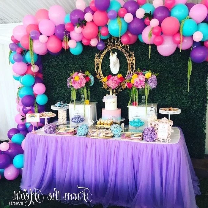 purple pink and blue balloons, unicorn theme, summer party themes, colourful flower bouquets
