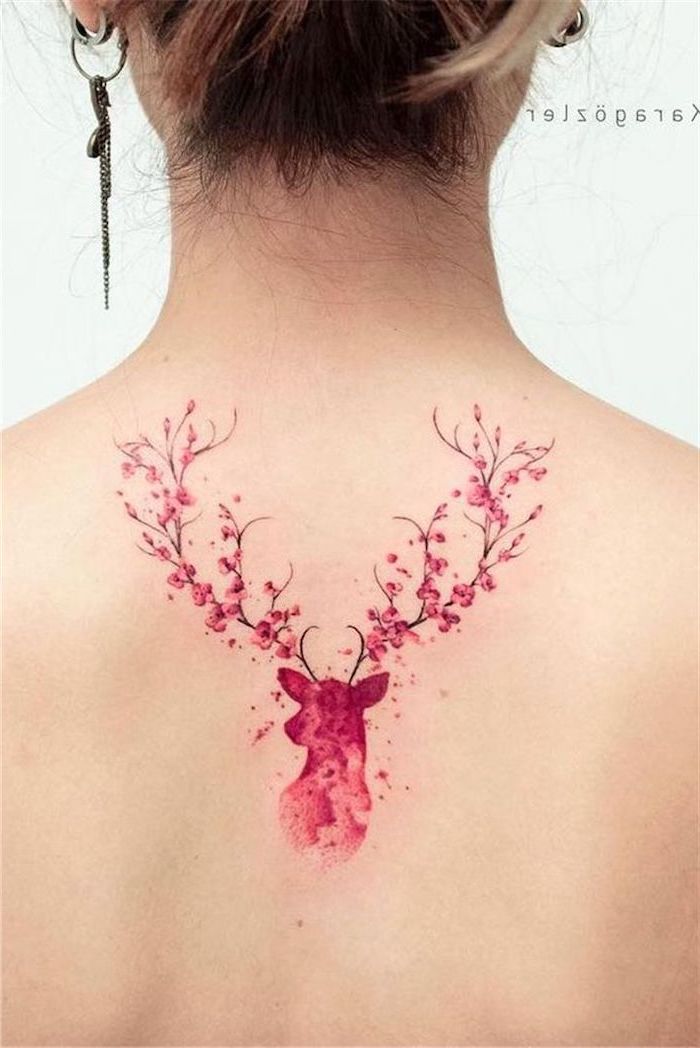 pink deer, watercolor rose tattoo, back tattoo, pink flowers