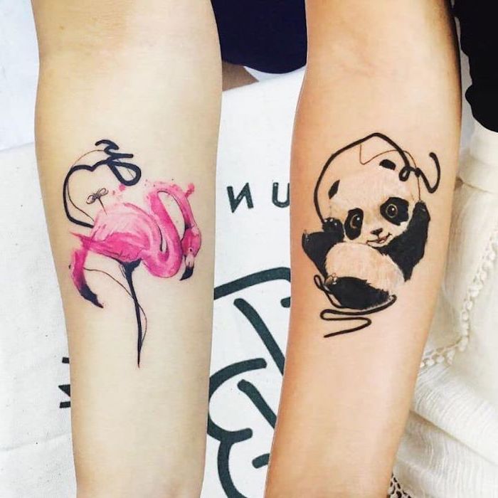 watercolor tattoo fade, pink flamingo, cute panda, forearm tattoos