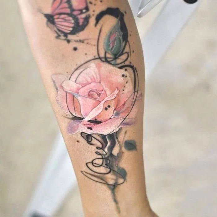 pink rose and butterfly, forearm tattoo, watercolor tattoo fade