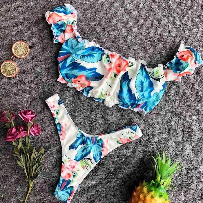 off the shoulder top, high waisted thong, two piece, floral print, one piece bathing suits for girls