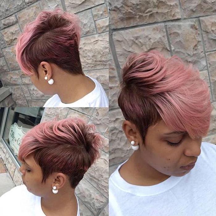 pink hair, shaved side, short natural haircuts for black women, tiled wall, white shirt