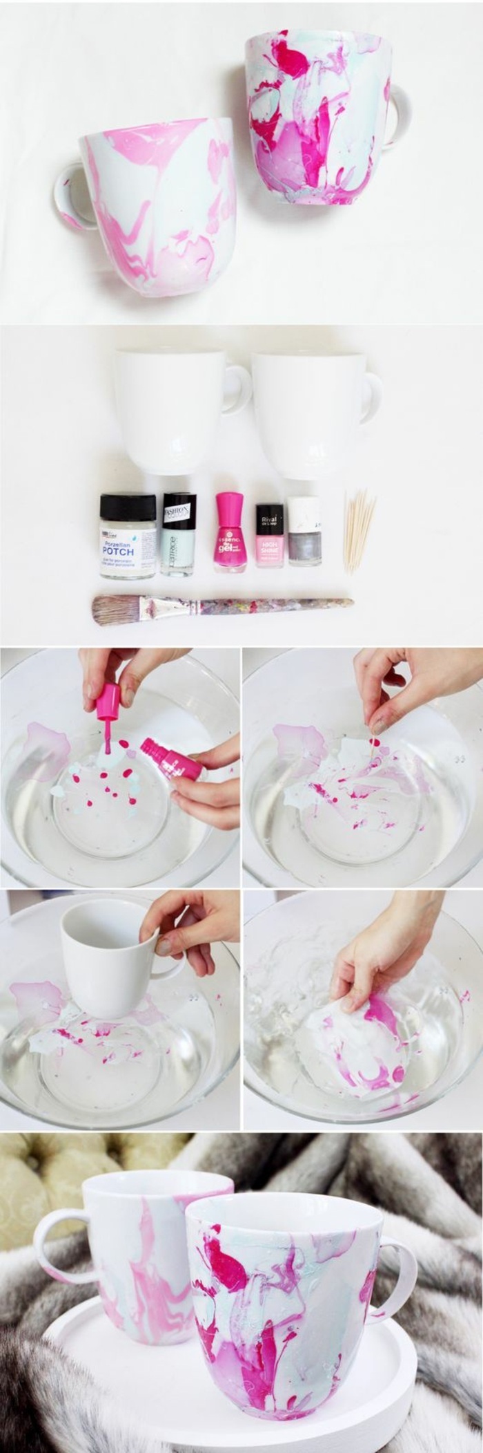 white coffee mugs, pink and silver nail polish, fun diy projects, step by step tutorial
