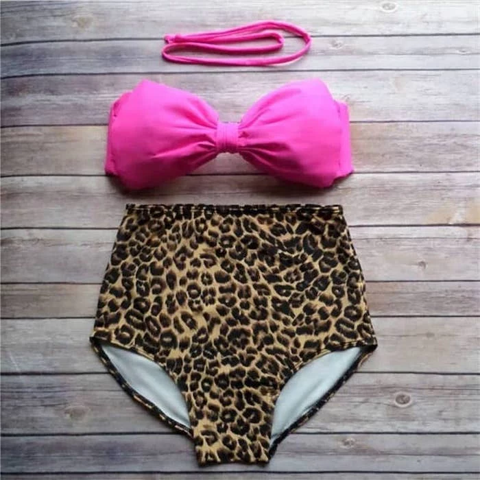 pink strapless top, high waisted, leopard print bottom, one piece bathing suits for girls, wooden background