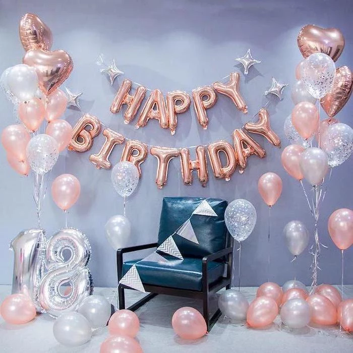 happy birthday, rose gold balloons, summer party themes, blue leather chair, pink and white balloons