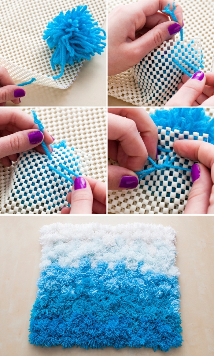 white plastic mat, white and blue, pom pom rug, cool diys, step by step tutorial