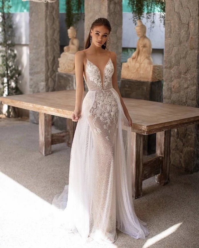 plunging v neckline, lace and tulle dress, maxi dress for beach wedding, brown straight hair