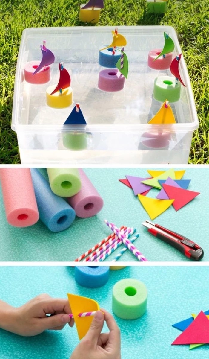 small boats, made of pool noodles, paper straws, colourful felt, diy crafts for teens
