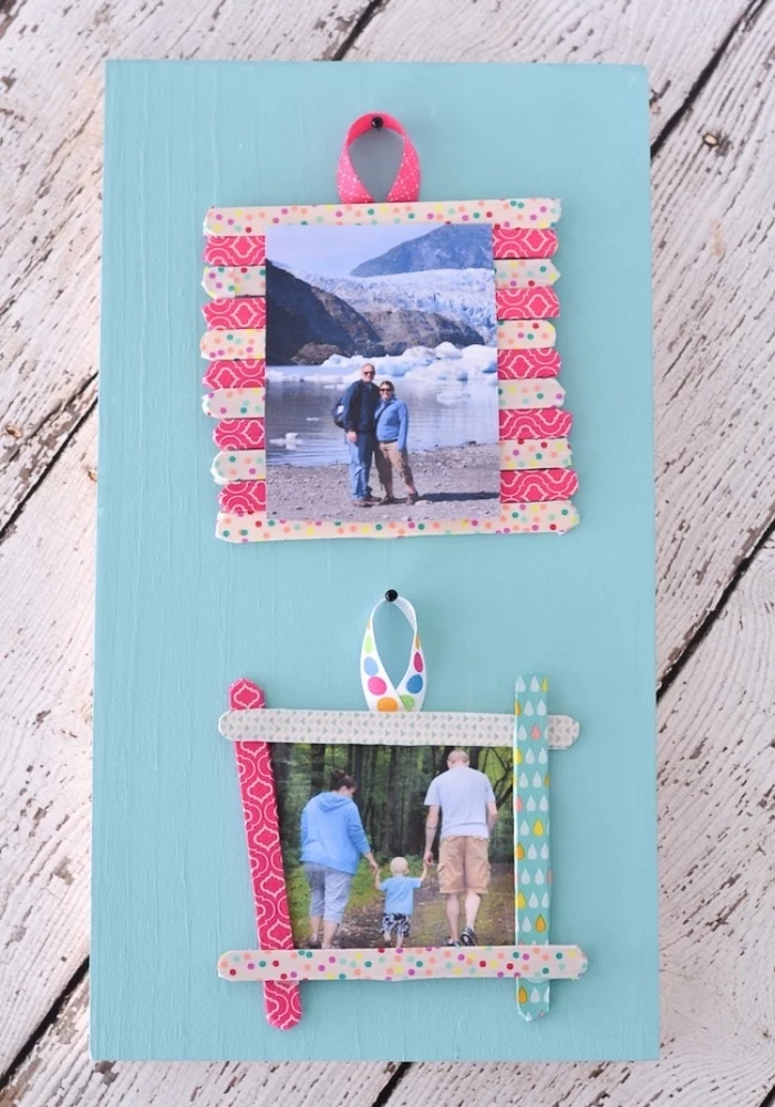 blue wooden board, popsicle sticks, photo frames, diy projects for teens, wooden background