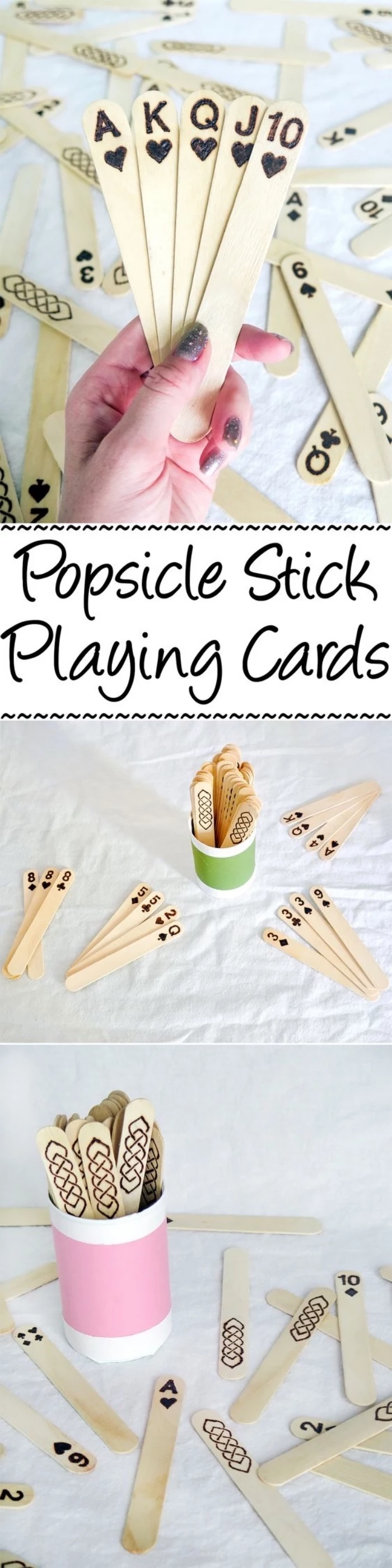 popsicle stick playing cards, step by step tutorial, diy projects for teens, green and pink, paper cups
