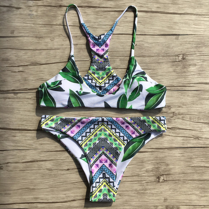 green leaves, colourful print, two piece, swimsuits for teen girls, wooden background
