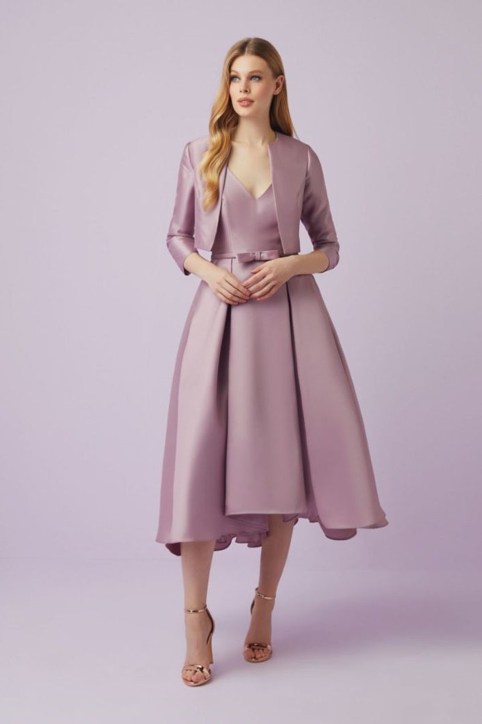 purple satin dress, below the knee, purple jacket, gold mother of the bride dresses, blonde wavy hair