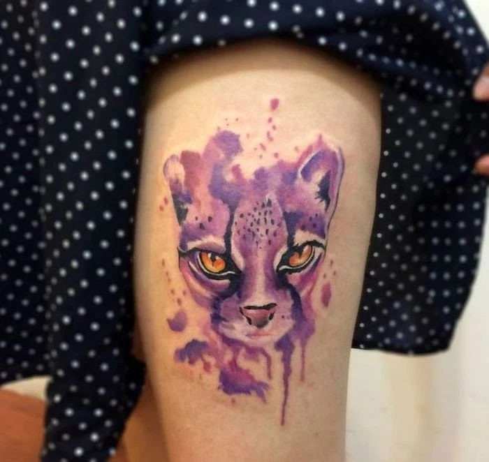 black dress, purple cat, watercolor tattoo fade, thigh tattoo 