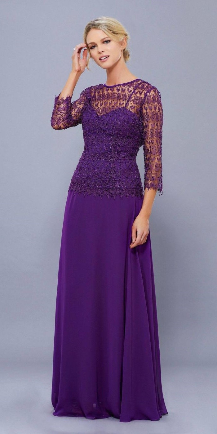 purple dress, lace top, chiffon skirt, mother of the bride outfits, blonde hair, in a low ponytail