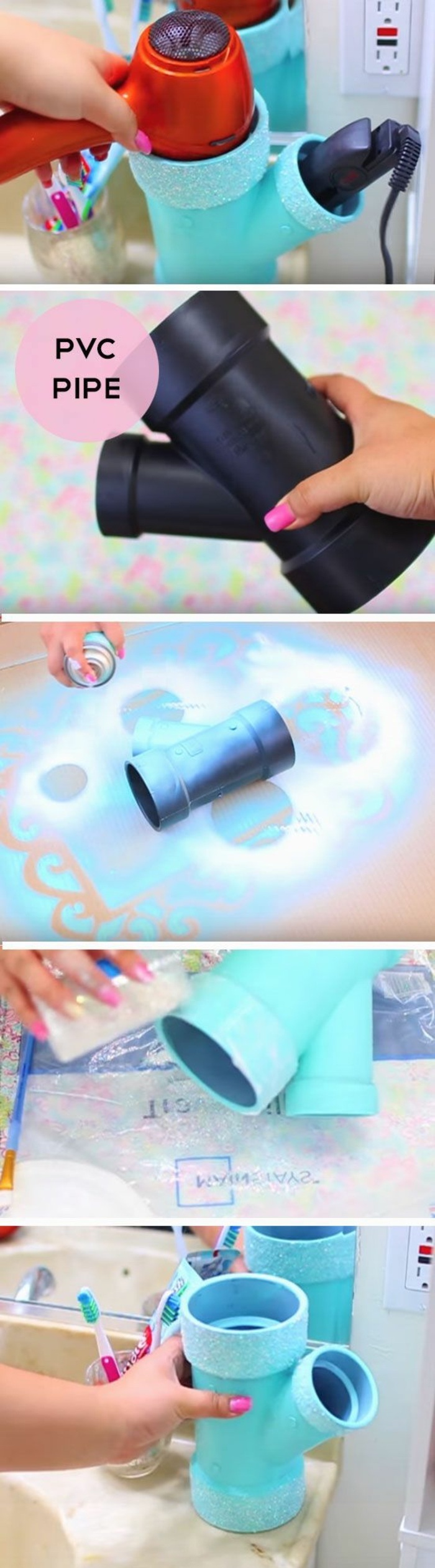 pvc pipe, painted in turquoise, fun diy projects, straightener and blow drier inside