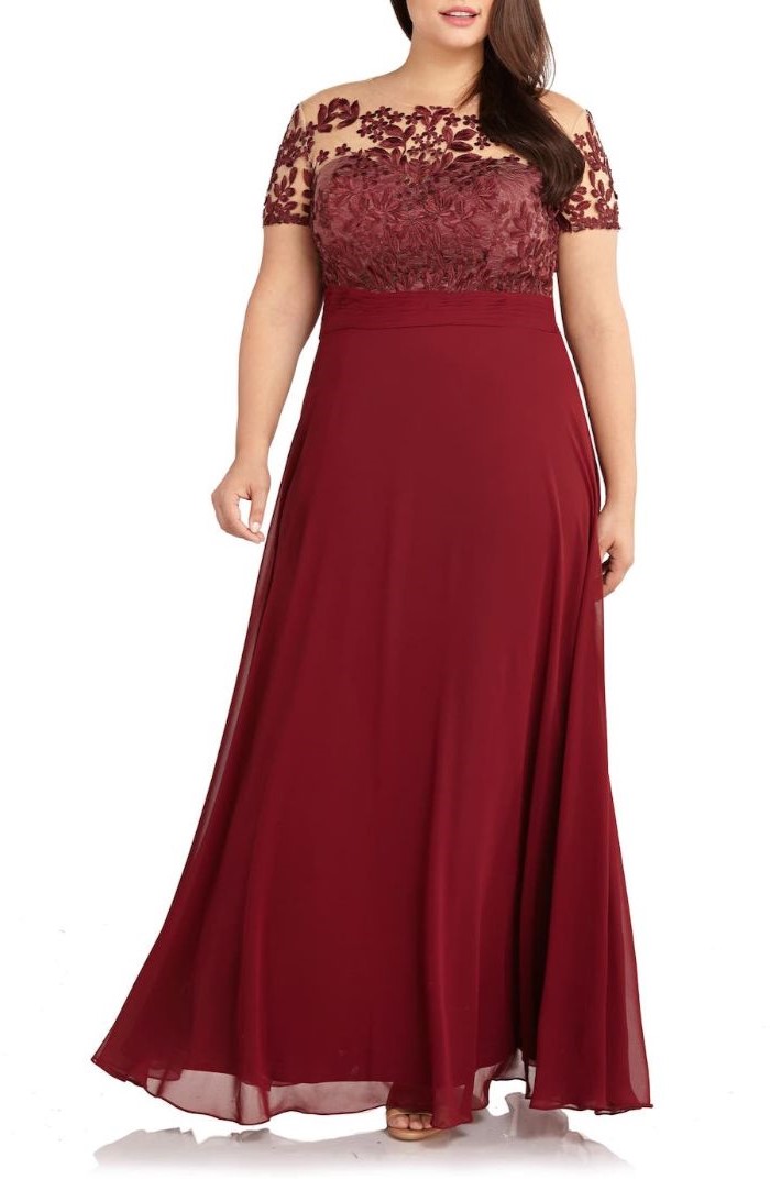 mother of the bride outfits, lace top, chiffon skirt, red dress, brown wavy hair, white background