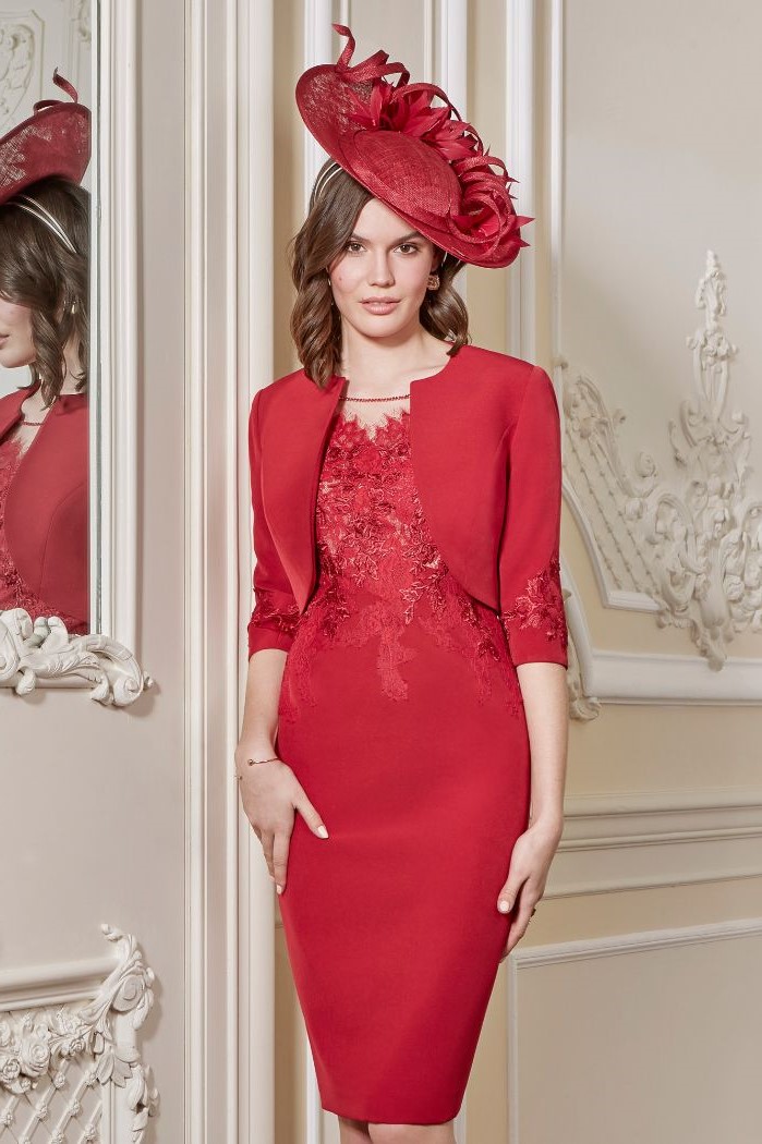 red lace and satin dress, satin jacket, large hat, gold mother of the bride dresses, white background