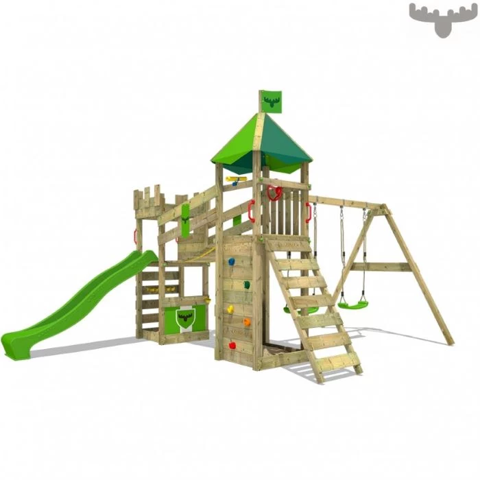 green slide, climbing frame, green swings, castle like, climbing wall