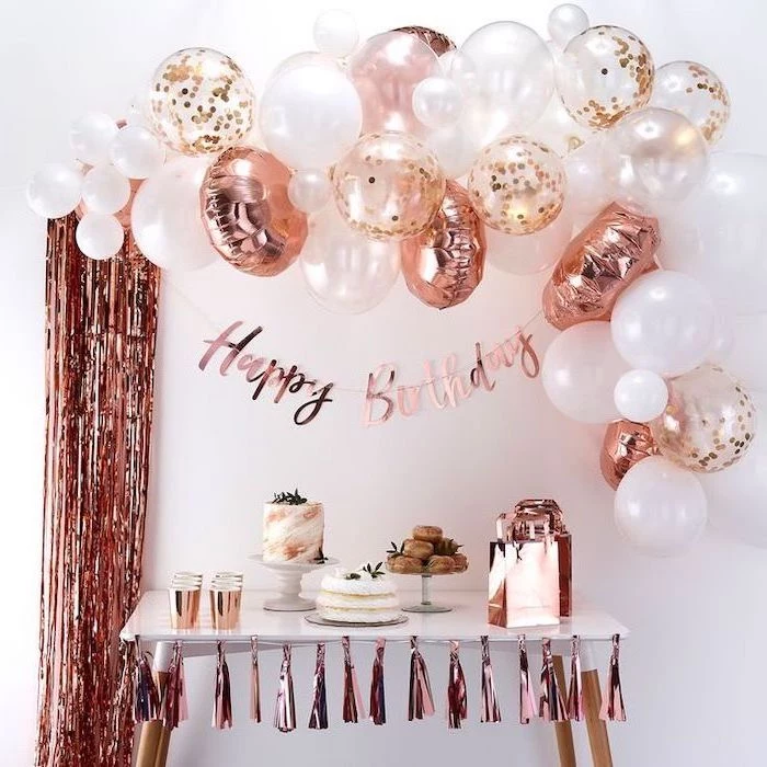 theme party ideas, rose gold garlands, pink and white balloons, full of confetti, cakes and donuts