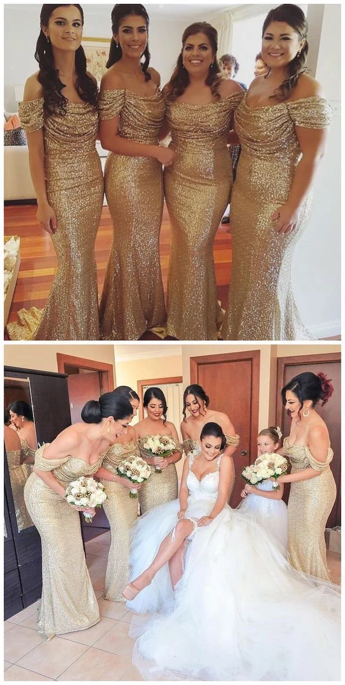 four women, off the shoulder, gold sequin, unique bridesmaid dresses