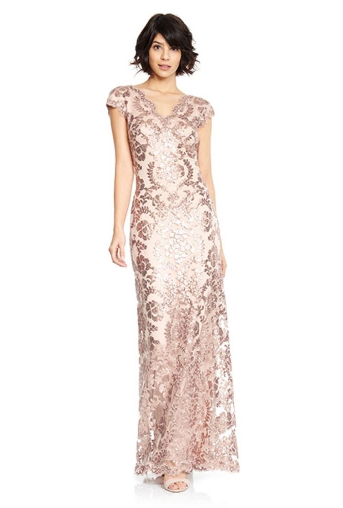 short black hair, rose gold sequins, mother of the bride outfits, v neckline, white background