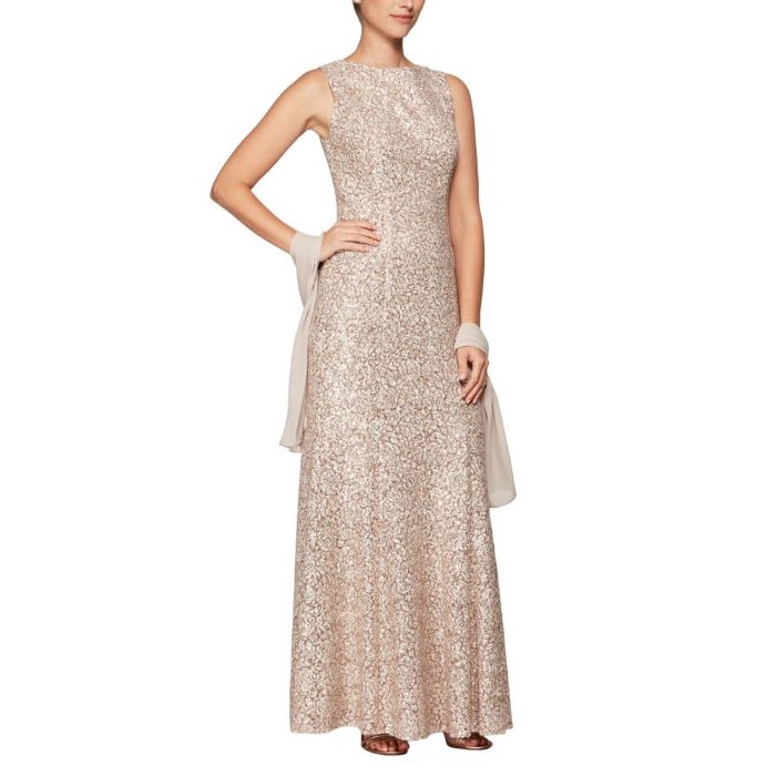 gold sequins, casual mother of the bride dresses, chiffon scarf, white background