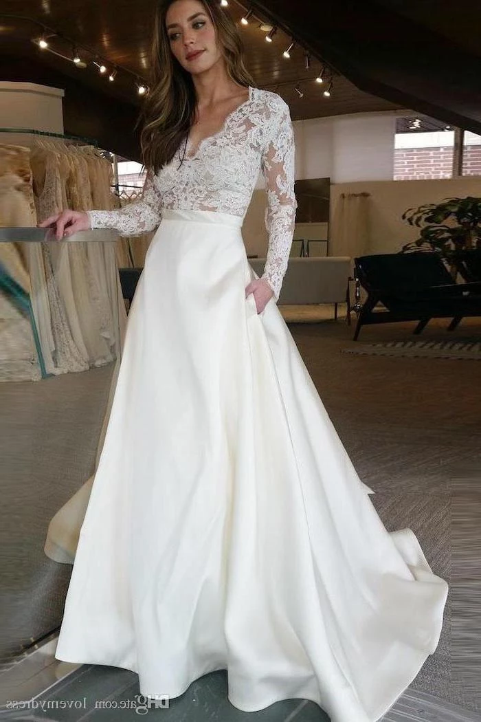 satin bottom, lace top, ball gown wedding dresses with sleeves, v neckline, brown wavy hair