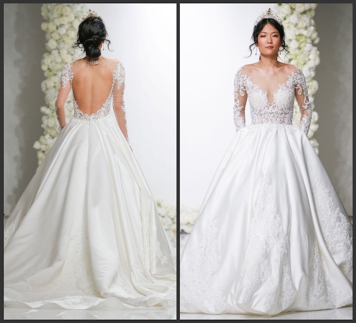 side by side photos, satin bottom, lace top, ball gown wedding dresses with sleeves, bare back, off shoulder