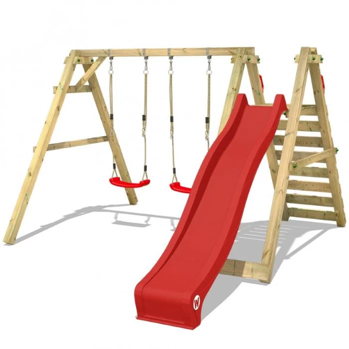 long red slide, two red swings, wooden ladder, wooden swing set