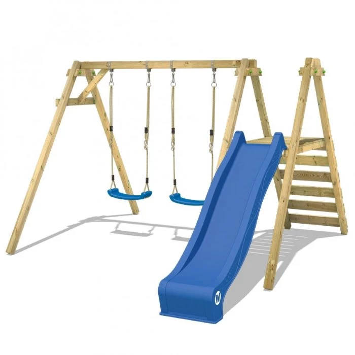 two blue swings, blue slide, wooden ladder, wooden swing set, white background