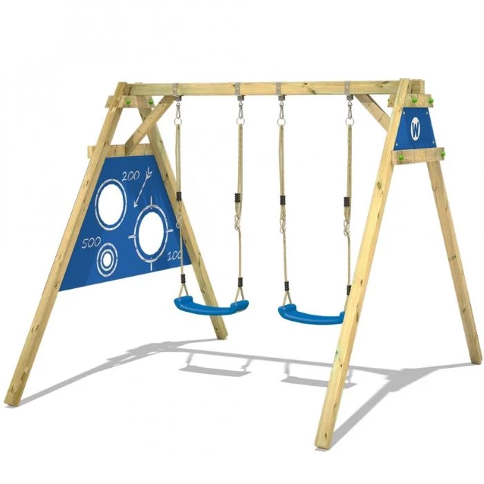 two blue swings, wooden swing set, in blue colours, white background