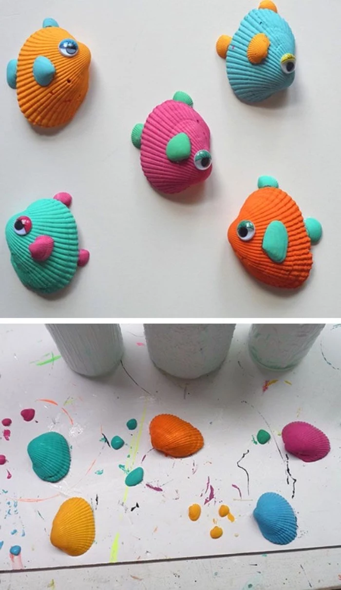 five seashells, painted in pink, orange and blue, green and yellow, diy things to do when bored