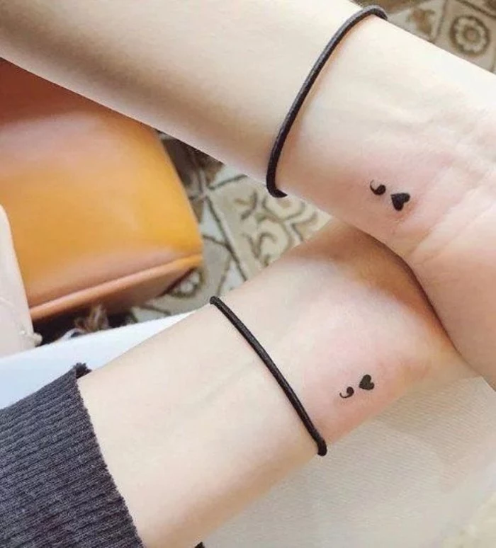semicolon tattoos, with hearts, wrist tattoos, black bracelets, best friend tattoos quotes