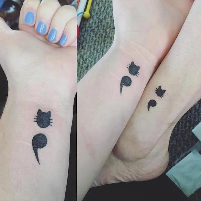 daughter tattoo ideas, semicolon tattoo, cat silhouette, wrist tattoo, leg tattoo