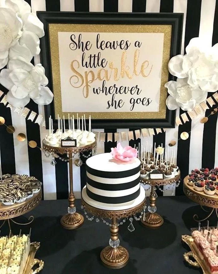 she leaves a little sparkle wherever she goes, theme party ideas, black white and gold, cake stands