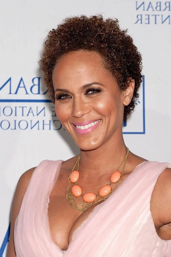 curly hairstyles for black women, pink dress, orange necklace, pixie cut