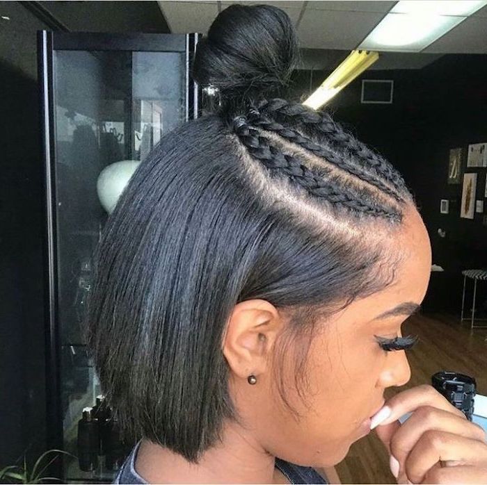 braided bun, straight black hair, curly hairstyles for black women, white nail polish